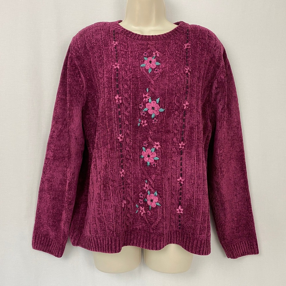 Alfred Dunner Chenille Sweater Womens L Rose Embroidered Floral Vintage Granny